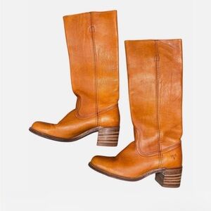 Frye Tall Leather Heeled Boots in Cognac Brown